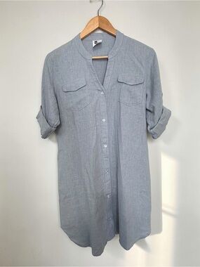 Mr. Buho 100% Linen Shirt Dress Medium Light Blue Roll Tab Sleeve Tunic Boho